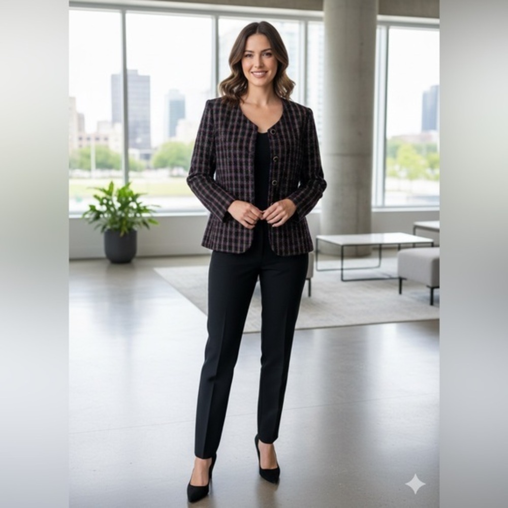 Vtg Modiano Women’s 10 100% Wool Black Multicolor Plaid Tweed Blazer Jacket M